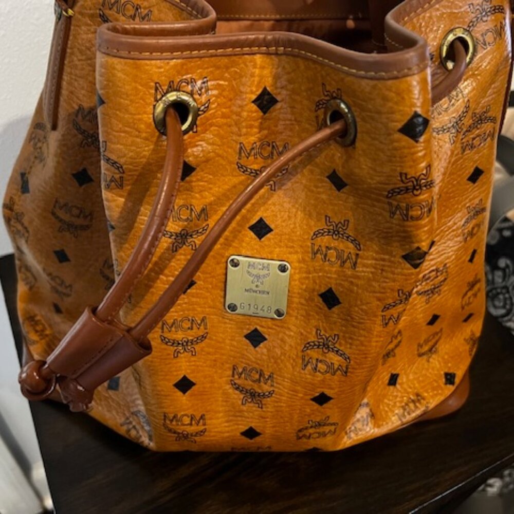 MCM Visetos Bucket Bag Cognac Drawstring EUC - image 2